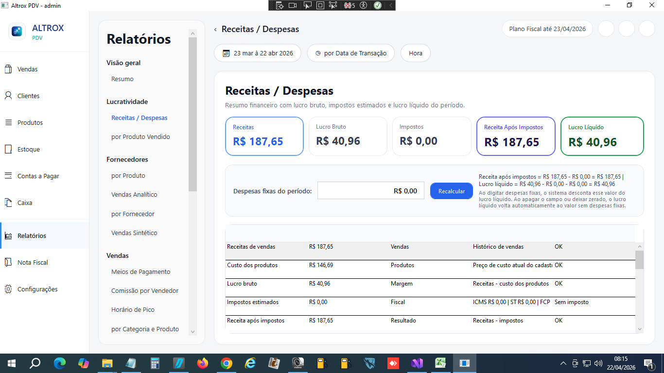 Painel do Altrox mostrando relatório de receitas, despesas e impostos