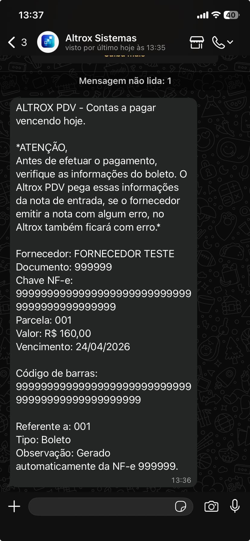 Mensagem de WhatsApp enviada pelo Altrox avisando boleto a vencer